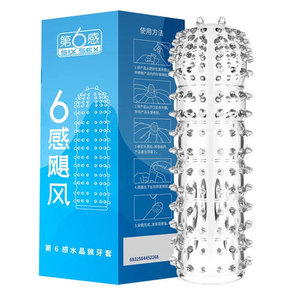 Condón Diente de Lobo Cristalino, Caja Individual, Gran Partícula, Funda para Pene, Anillo Extensor Reutilizable para Pene, Condones Eróticos para Hombres