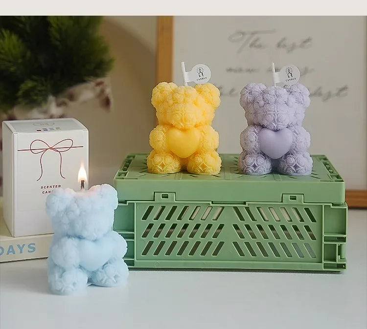 Cute Rose Bear Candle Romantic Cute Soy Wax Aromatherapy Small Scented Relaxing Birthday Wedding Party Gift Home Decor