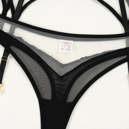 Conjunto de lencería erótica de cuatro piezas con copa triangular, sexy, de malla transparente, novedad de verano de 2024