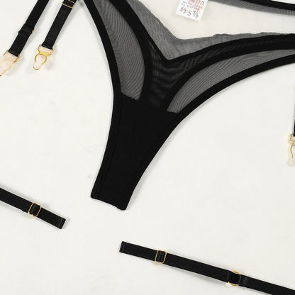 Conjunto de lencería erótica de cuatro piezas con copa triangular, sexy, de malla transparente, novedad de verano de 2024