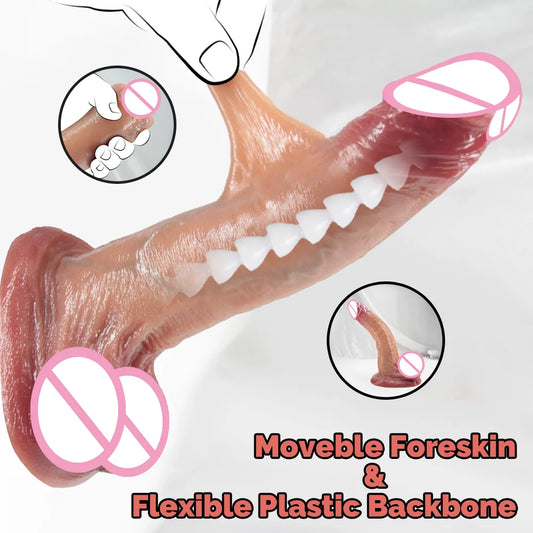 Consolador realista suave para hombres, con prepucio deslizante, masturbador anal y vaginal para mujeres, juguetes sexuales para estimular el orgasmo.