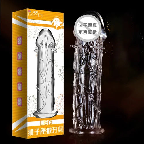 Condón Diente de Lobo Cristalino, Caja Individual, Gran Partícula, Funda para Pene, Anillo Extensor Reutilizable para Pene, Condones Eróticos para Hombres