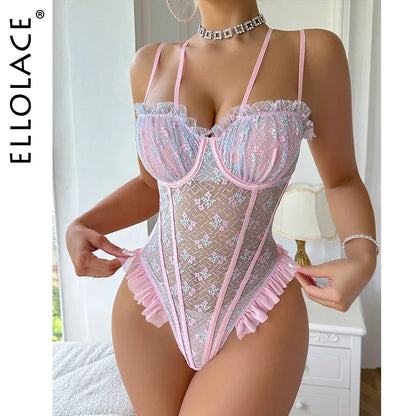 Ellolace Lace Bodysuits Sexy Ruffles Elegant Women's Bodys Fancy Hot Onlyfans Kit Kinky Romantic Pink See Through Sexy Tops