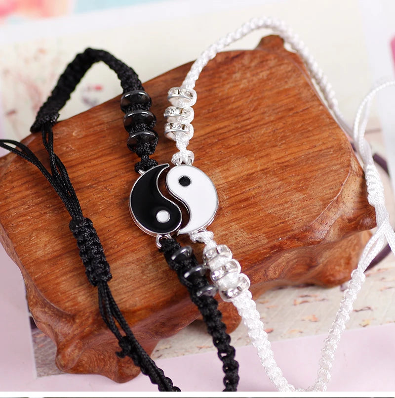 Pulseras de pareja, anillos, Yin Yang, Tai Chi, colgante de aleación, cadena trenzada ajustable, collar, pulsera a juego para amantes, collar y pendientes.
