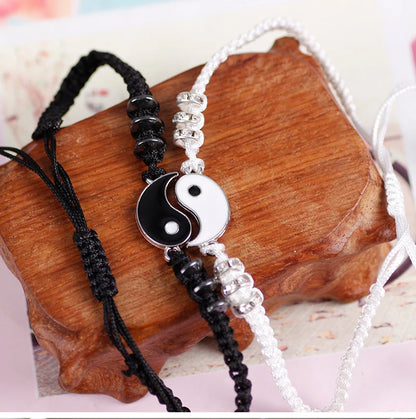 Pulseras de pareja, anillos, Yin Yang, Tai Chi, colgante de aleación, cadena trenzada ajustable, collar, pulsera a juego para amantes, collar y pendientes.
