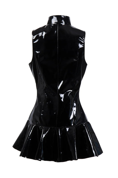 Women Glossy Leather Dress Sleeveless Shiny Shaping Pvc Latex Pleated Mini Skirt Hot Porn Zipper Open Breast Exposing