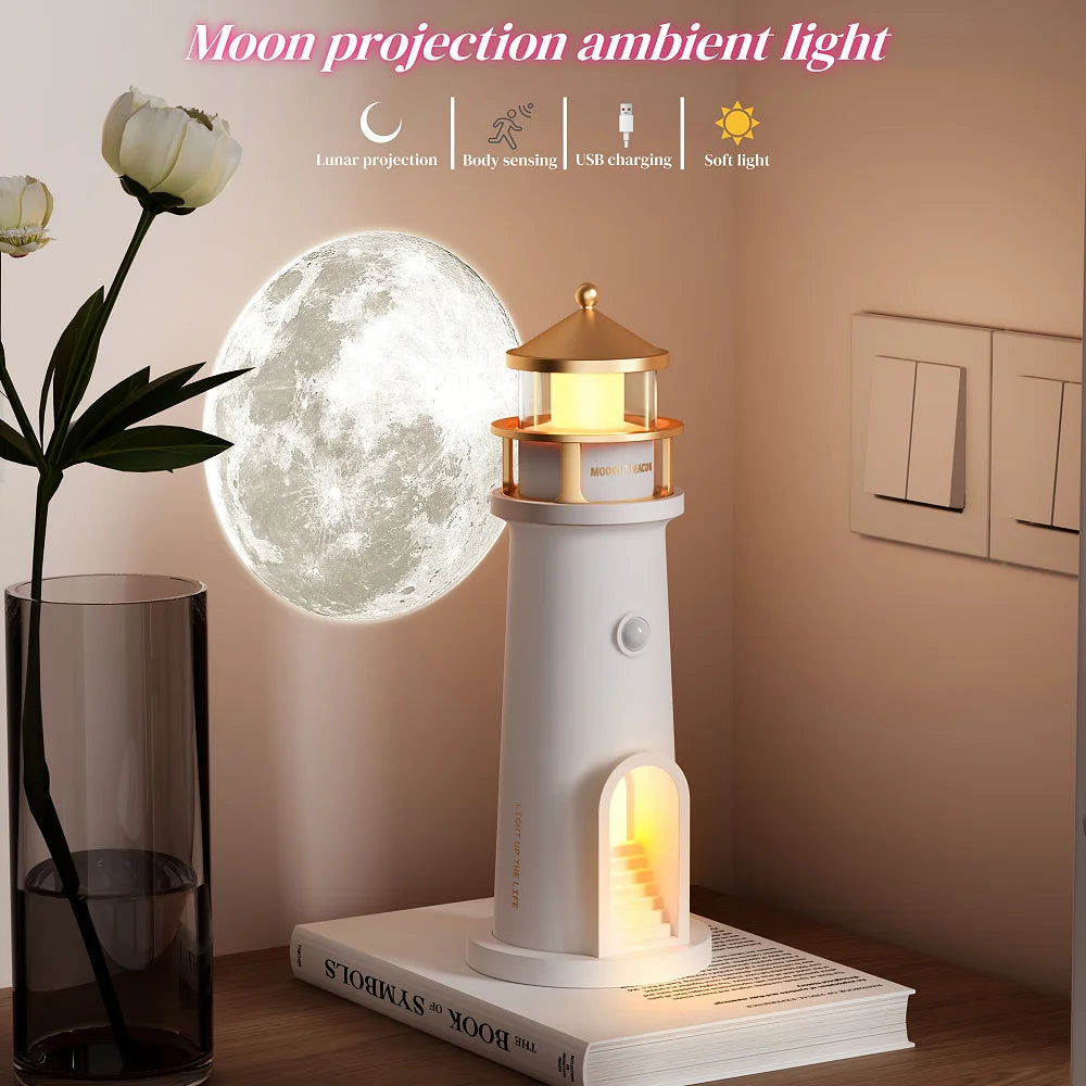Romantic Moon Projection Motion Sensor Night Lights Lighthouse Ambient Lights Dimmable for Desktop Decor Light Christmas Gift
