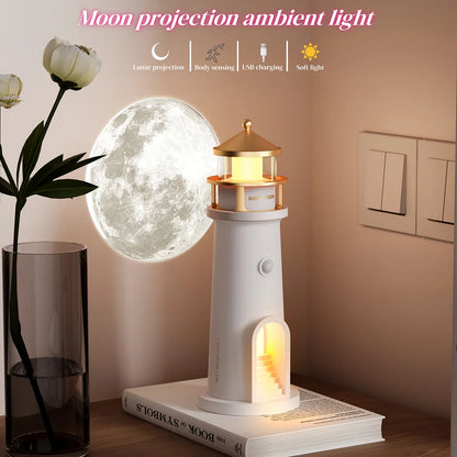 Romantic Moon Projection Motion Sensor Night Lights Lighthouse Ambient Lights Dimmable for Desktop Decor Light Christmas Gift