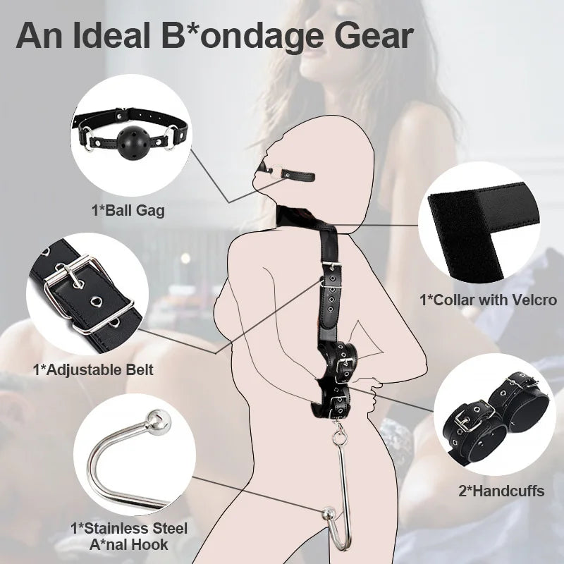 SM Anal Hook Backhand Binding Apertural Plug Porn Metal Bondage Rear Butt Plug Erotic HandCuffs Mouth Gag Adult Sex Toy