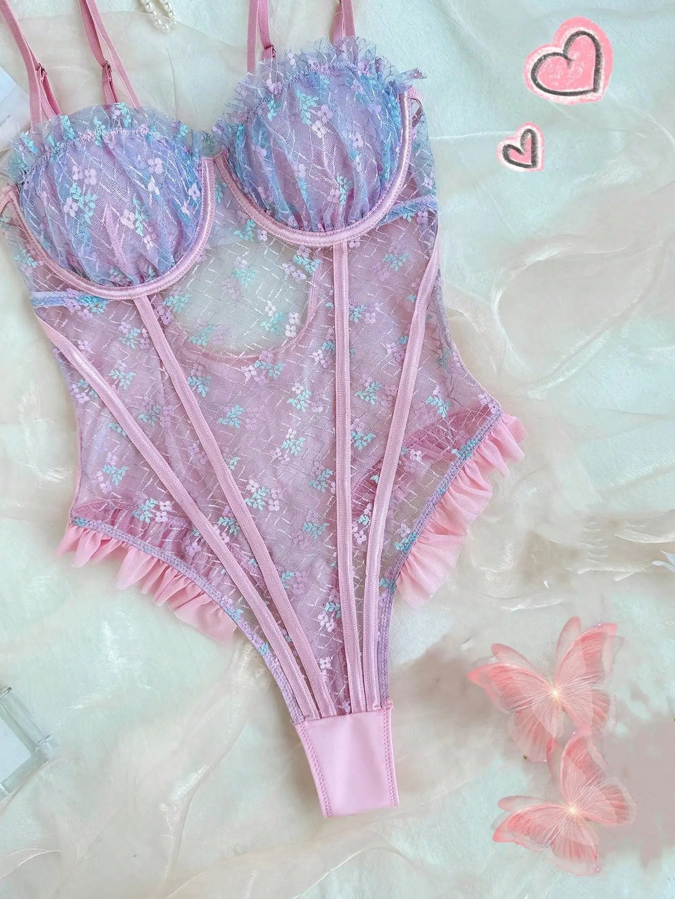 Ellolace Lace Bodysuits Sexy Ruffles Elegant Women's Bodys Fancy Hot Onlyfans Kit Kinky Romantic Pink See Through Sexy Tops