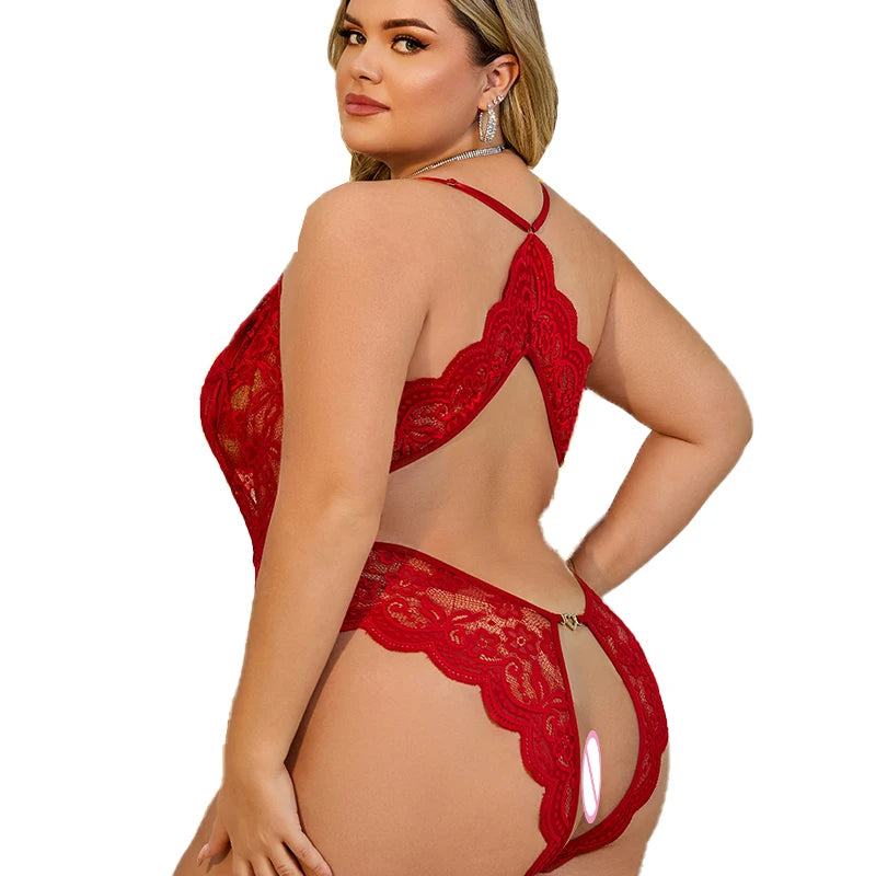 Lencería sexy de verano para mujer, tallas grandes, talla XL-4XL, sin entrepierna, con encaje, atractiva, fetiche erótico, vestido de noche transparente.