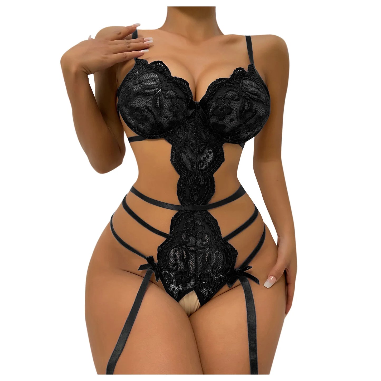 Nuevo conjunto de lencería sexy con encaje y sujetador abierto con volantes, ropa interior transparente, lencería erótica, body sexy, ropa de dormir erótica para mujer