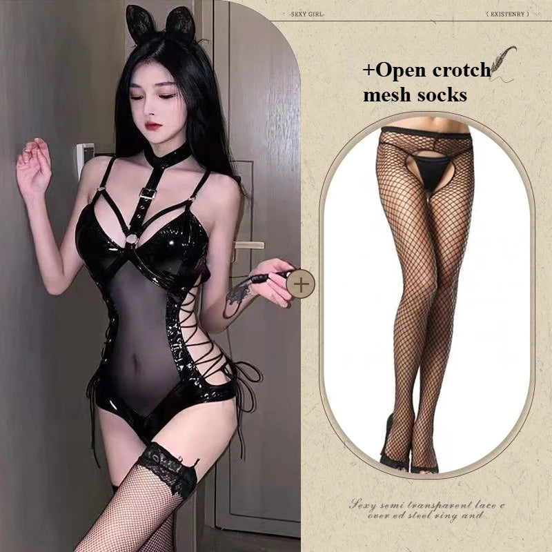 BDSM Latex Bodysuit Queen Kostüm Sexy Fetischkleid Transparentes Mesh Fessel-Outfit Enges Bondage Erotisches Dessous-Set für Damen