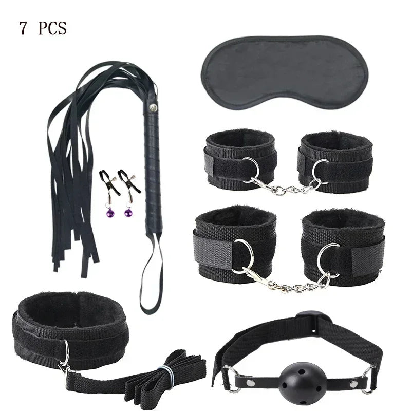 Kits BDSM de cuero sexy para parejas, exóticos, 7 piezas de peluche, juego de bondage sexual, esposas, juegos sexuales, látigo, mordaza, pinzas para pezones, juguetes sexuales.
