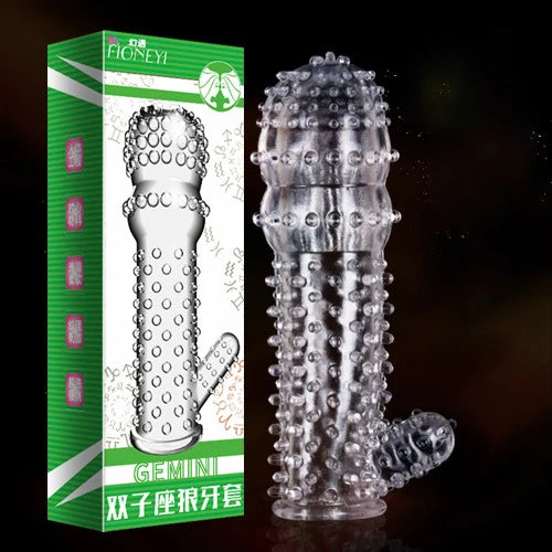 Condón Diente de Lobo Cristalino, Caja Individual, Gran Partícula, Funda para Pene, Anillo Extensor Reutilizable para Pene, Condones Eróticos para Hombres