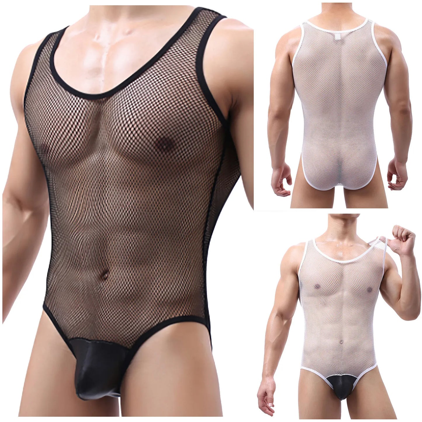 Camisetas interiores sexys para hombre, lencería gay de malla transparente, mono de lucha libre, leotardo, pijama de una pieza, ropa interior transparente