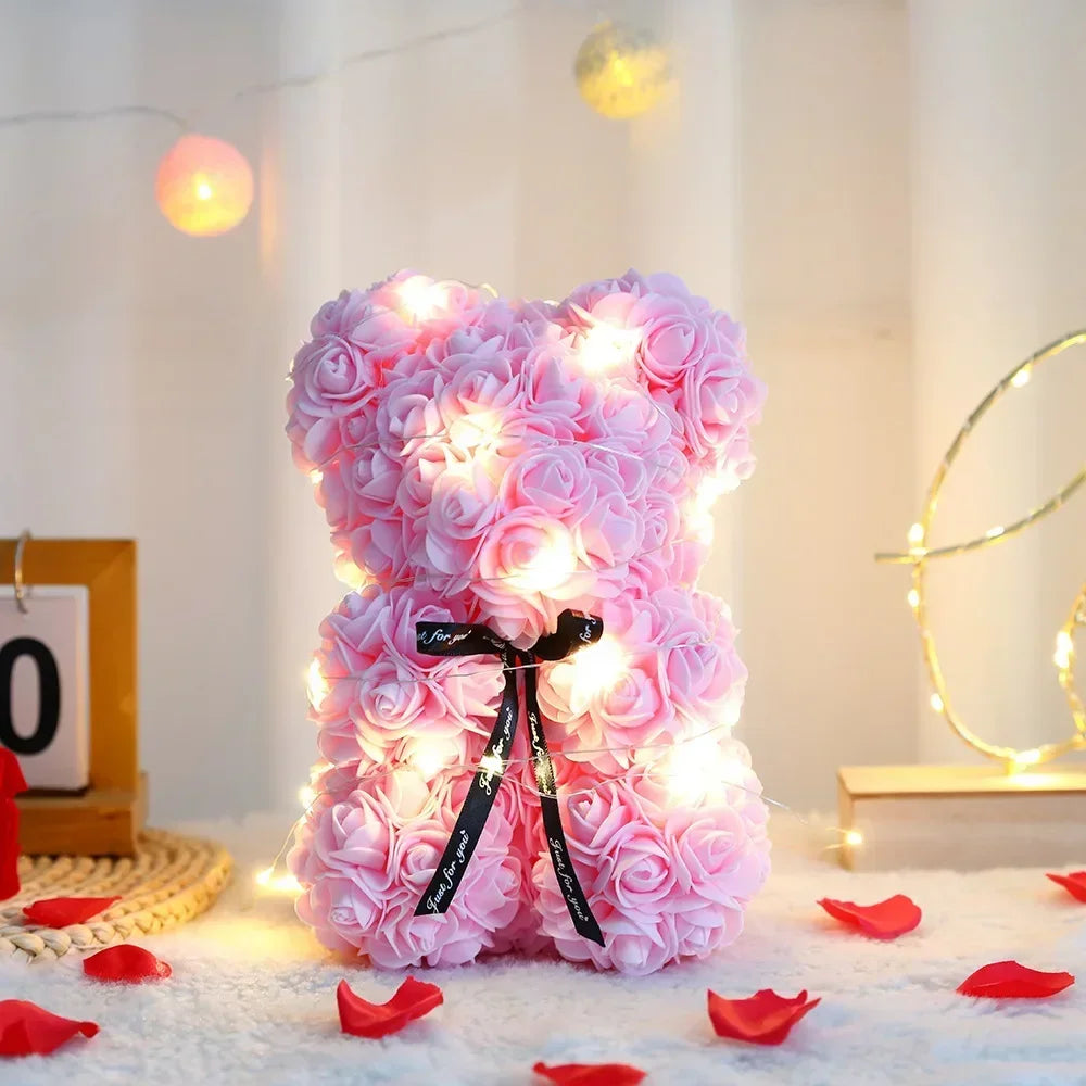 Oso de peluche artificial de 25 cm con flor eterna, rosa, con caja, regalo romántico para novia, mujer, madre, cumpleaños, boda, fiesta, decoración