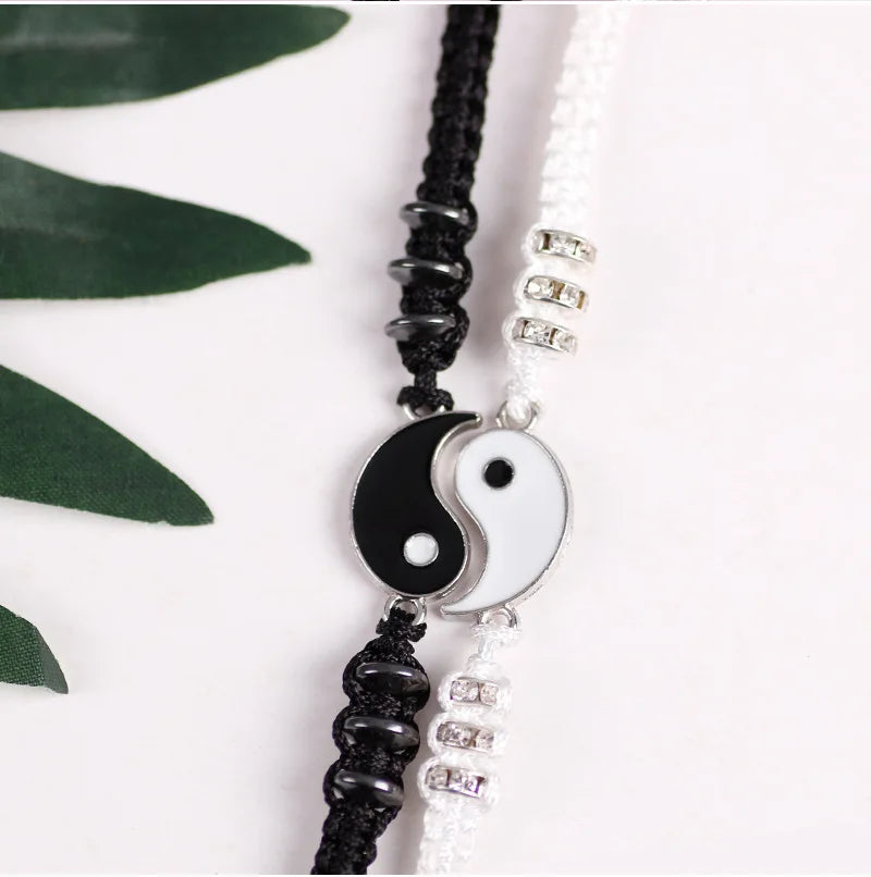 Pulseras de pareja, anillos, Yin Yang, Tai Chi, colgante de aleación, cadena trenzada ajustable, collar, pulsera a juego para amantes, collar y pendientes.