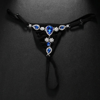 Bikini sexy de cristal azul con tanga para mujer, traje de playa, ropa interior de verano con diamantes de imitación, cadena, joyería, regalo