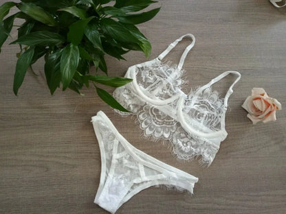 Lace Lingerie Set Sexy Underwear Hollow Eyelashes Lace Bra and Panty Set White Black Underwear Women Plus Sixe