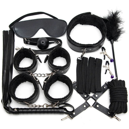 BDSM Kits Sexy Leder Plüsch Sex Bondage Set Handschellen Sex Spiele Peitsche Knebel Nippelklemmen Sex Spielzeug Für Paare Exotisches Zubehör