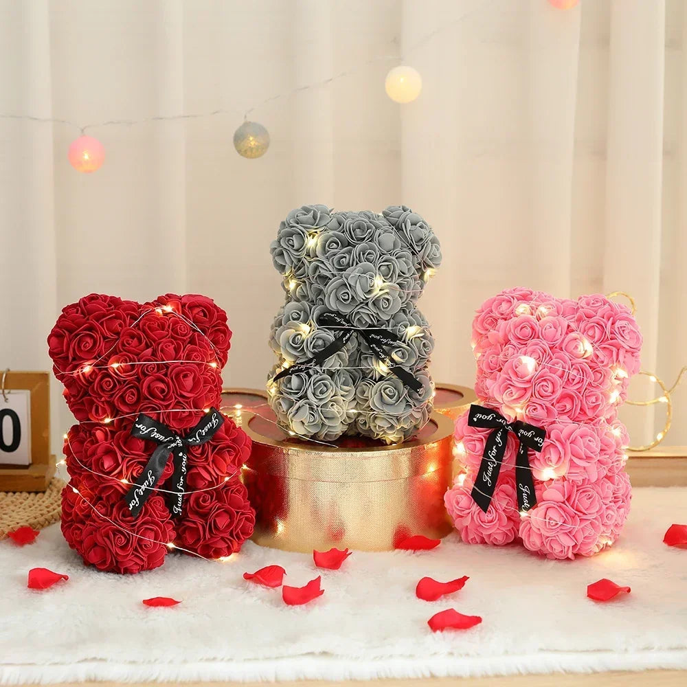Oso de peluche artificial de 25 cm con flor eterna, rosa, con caja, regalo romántico para novia, mujer, madre, cumpleaños, boda, fiesta, decoración