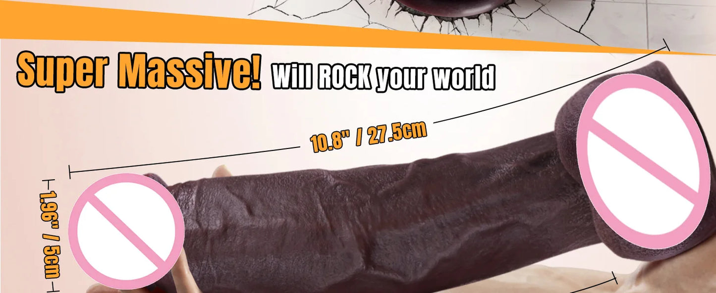 Juguete sexual de consolador negro grande simulado, consolador enorme y grueso con apariencia de piel, con consolador de silicona realista con ventosas
