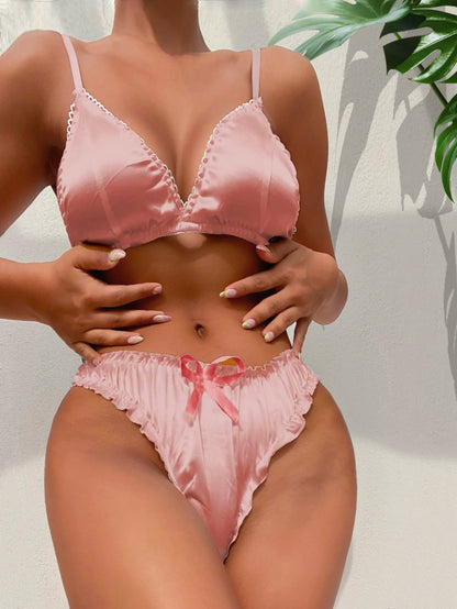 Lencería erótica para mujer, conjunto de dos piezas con lazo, lencería sexy sin aros, color blanco