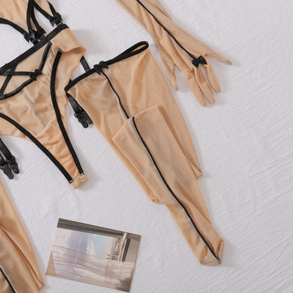 MUZISKAT Exotisches Sexy Luxus-Damen-Erotik-Dessous-Set, Mesh, transparent, rückenfrei, ausgehöhlt, sexy Dessous, fünfteiliges Set