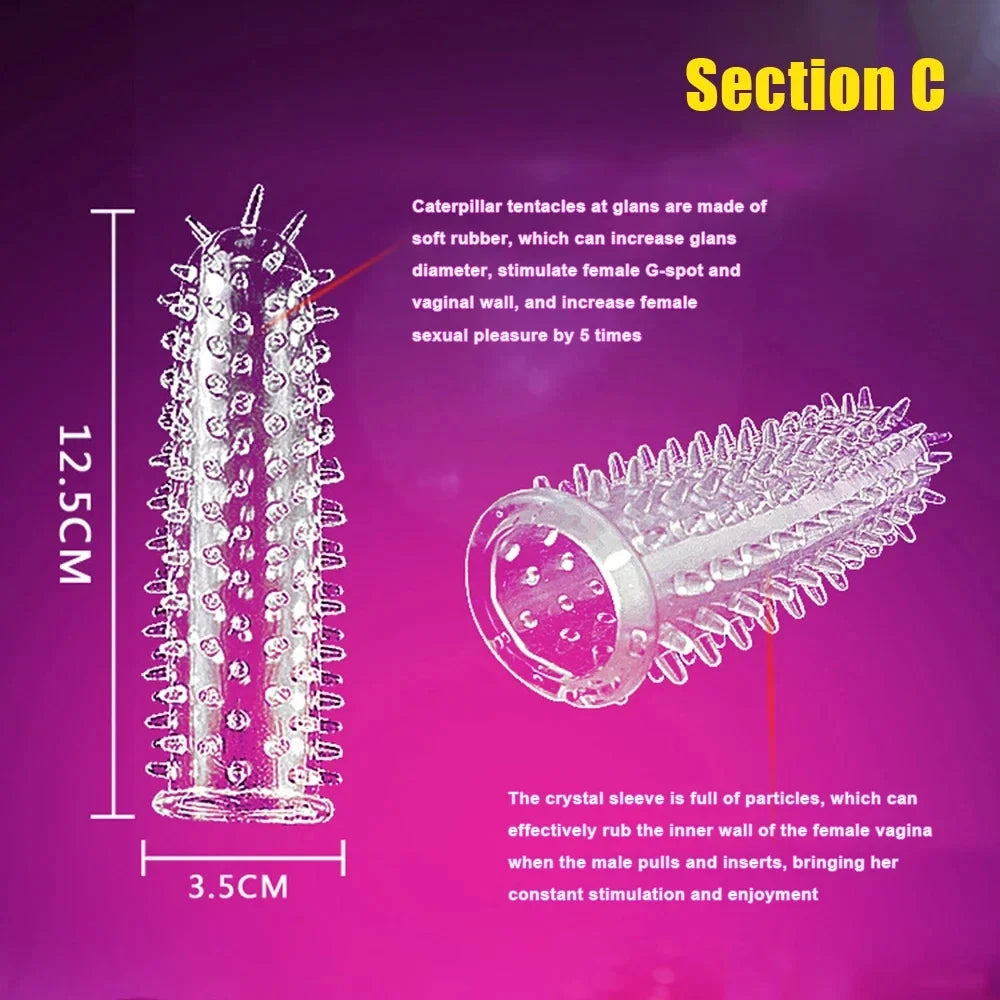 Condón Diente de Lobo Cristalino, Caja Individual, Gran Partícula, Funda para Pene, Anillo Extensor Reutilizable para Pene, Condones Eróticos para Hombres