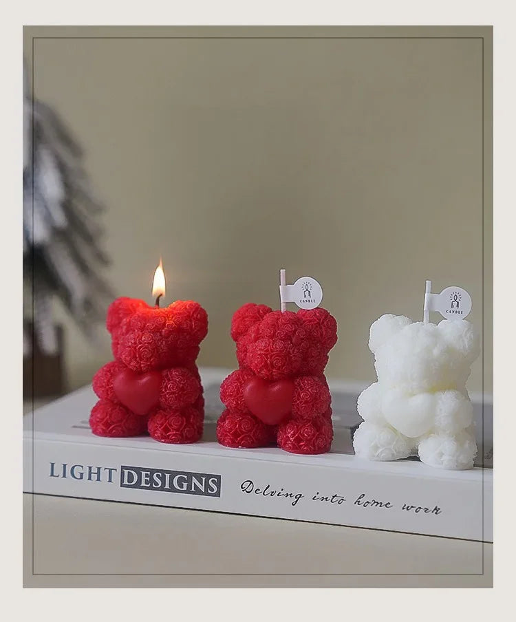 Cute Rose Bear Candle Romantic Cute Soy Wax Aromatherapy Small Scented Relaxing Birthday Wedding Party Gift Home Decor