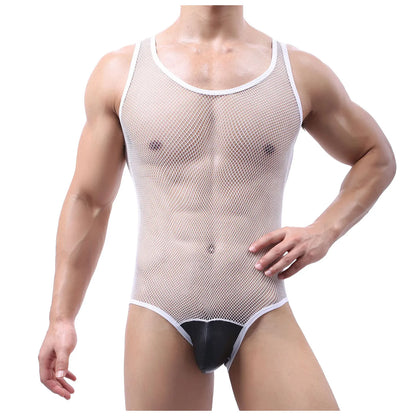 Camisetas interiores sexys para hombre, lencería gay de malla transparente, mono de lucha libre, leotardo, pijama de una pieza, ropa interior transparente