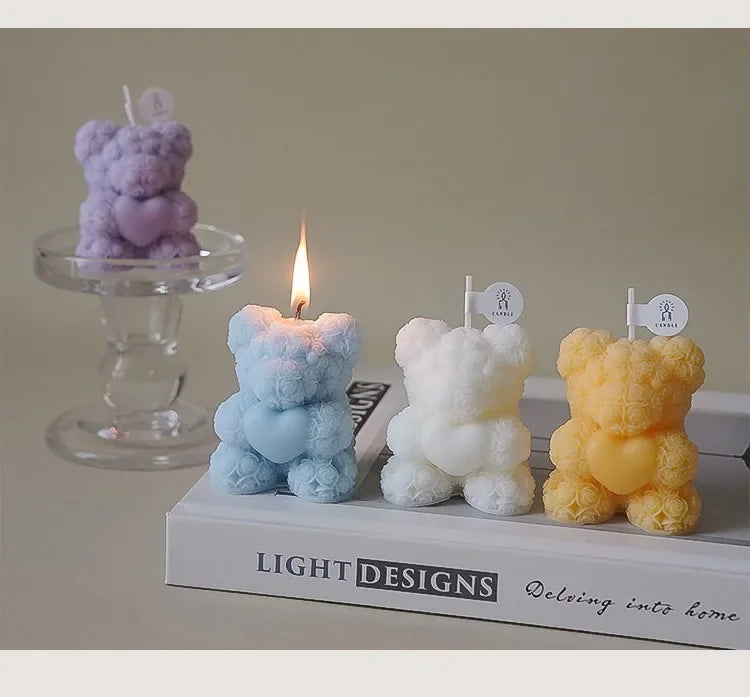 Cute Rose Bear Candle Romantic Cute Soy Wax Aromatherapy Small Scented Relaxing Birthday Wedding Party Gift Home Decor