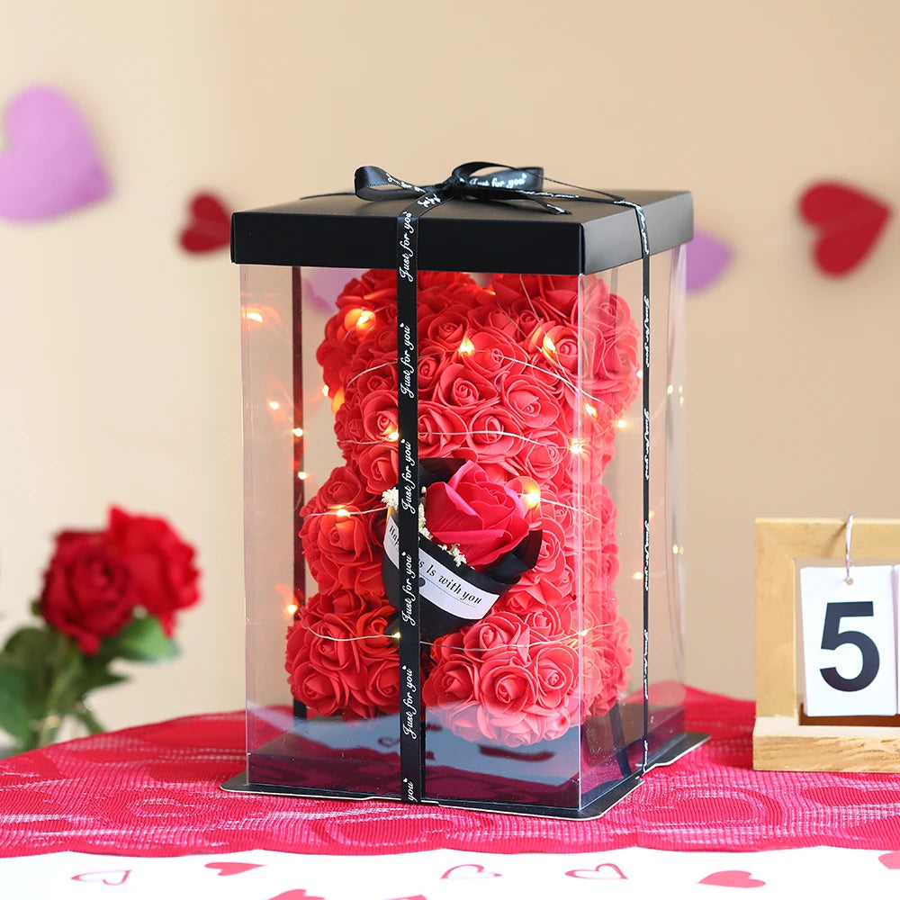 Künstliche Blume 25cm Teddy Rose Bär mit Box Licht Valentinstag Geschenk Mama Freundin Jahrestag Hochzeit Geburtstag Dekoration