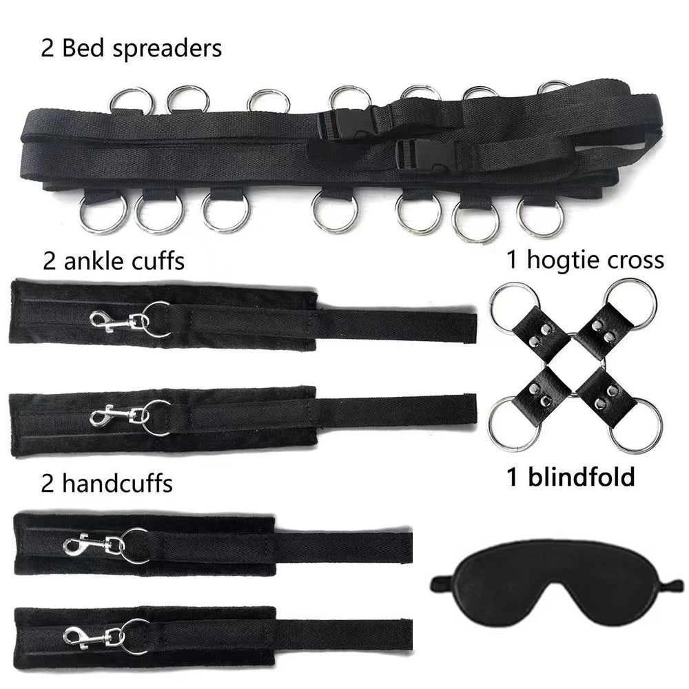 Juego de esposas sexuales BDSM para parejas, kit para adultos, látigo, tapón anal, vibrador, venda para los ojos, arnés, bondage para cama, esposas sexuales sexys