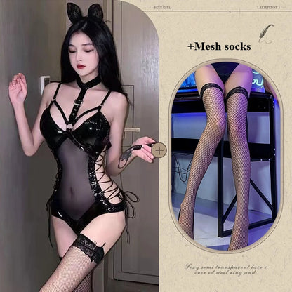 BDSM Latex Bodysuit Queen Kostüm Sexy Fetischkleid Transparentes Mesh Fessel-Outfit Enges Bondage Erotisches Dessous-Set für Damen
