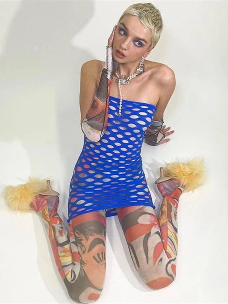 Nachtclub Erotische Kostüme Neue Mode Damen Mini Bodycon Kleid Erotische Perspektive Fischernetz Enge Dessous Nachtwäsche