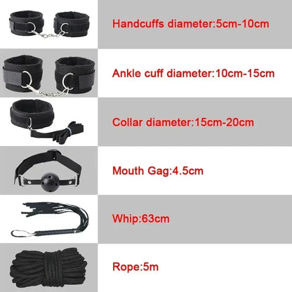 Kits BDSM de cuero sexy para parejas, exóticos, 7 piezas de peluche, juego de bondage sexual, esposas, juegos sexuales, látigo, mordaza, pinzas para pezones, juguetes sexuales.