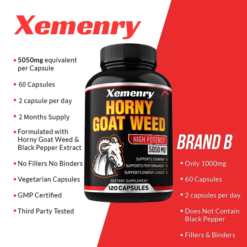 Horny Goat Weed Capsules 5050 mg - Contains Black Pepper Extract - Maximum Potency 120 Capsules Supplement