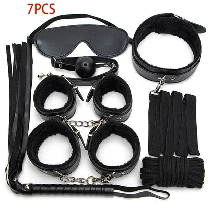 Kits BDSM de cuero sexy para parejas, exóticos, 7 piezas de peluche, juego de bondage sexual, esposas, juegos sexuales, látigo, mordaza, pinzas para pezones, juguetes sexuales.