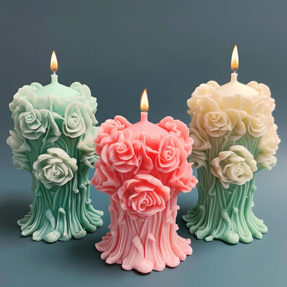Romantic Rose Flower Column Wedding Candle Rattan Peony Soap Silicone Mould Valentine's Day Chocolate Candlelight Dinner Decor
