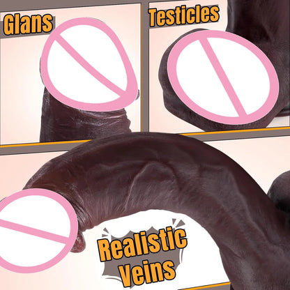 Juguete sexual de consolador negro grande simulado, consolador enorme y grueso con apariencia de piel, con consolador de silicona realista con ventosas