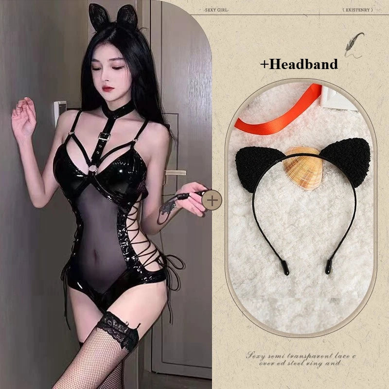 BDSM Latex Bodysuit Queen Kostüm Sexy Fetischkleid Transparentes Mesh Fessel-Outfit Enges Bondage Erotisches Dessous-Set für Damen