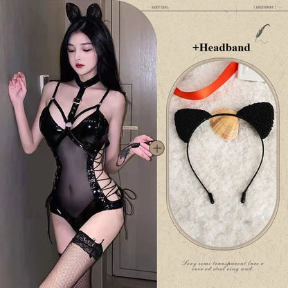 BDSM Latex Bodysuit Queen Kostüm Sexy Fetischkleid Transparentes Mesh Fessel-Outfit Enges Bondage Erotisches Dessous-Set für Damen