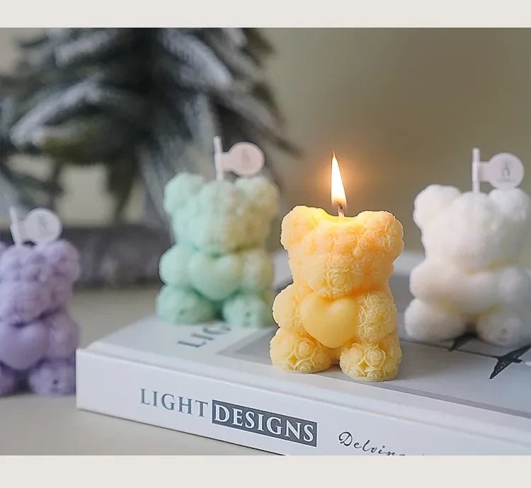 Cute Rose Bear Candle Romantic Cute Soy Wax Aromatherapy Small Scented Relaxing Birthday Wedding Party Gift Home Decor