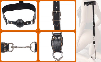 Juego de ganchos anales de cuero BDSM, posición de asistencia sexual, sujeción con gancho de metal, esposas con tapón bucal y cinturón, juguetes sexuales para adultos