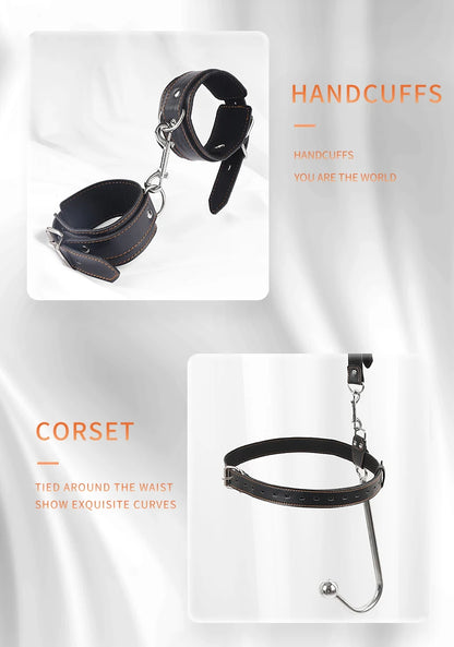 Juego de ganchos anales de cuero BDSM, posición de asistencia sexual, sujeción con gancho de metal, esposas con tapón bucal y cinturón, juguetes sexuales para adultos