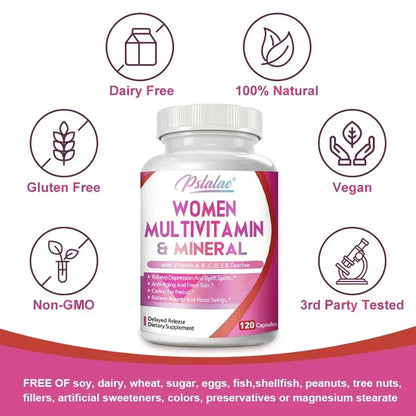 Multivitaminas y minerales para mujeres: mejora los niveles de energía, combate el envejecimiento y promueve la salud del cabello, la piel y las uñas.