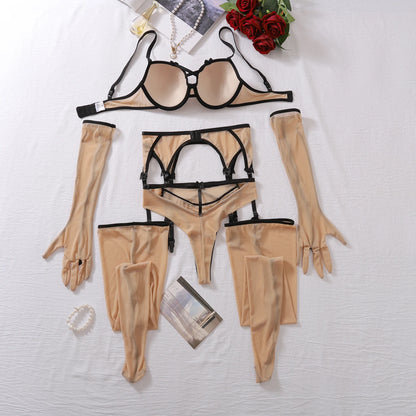 MUZISKAT Exotisches Sexy Luxus-Damen-Erotik-Dessous-Set, Mesh, transparent, rückenfrei, ausgehöhlt, sexy Dessous, fünfteiliges Set