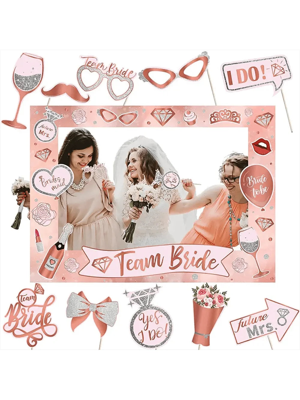 25pcs Bachelorette Party Rose Gold Photo Booth Props Set - Handheld Frame, Perfect for Bridal Showers & Wedding Celebrations